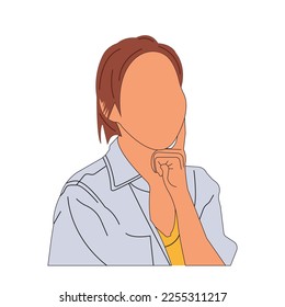 Flat cartoon closeup short hairdo woman looking blank space deep thinking creative person on chin wearing casual green characters isolated on white background. Vector illustration.