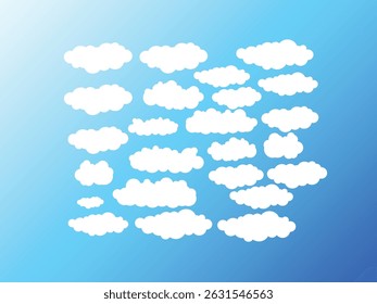 Flat cartoon clouds icon set isolated on blue background representing sky, weather, and cloudscape in minimalist style for design and weather applications