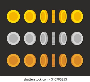 Flat cartoon coins rotation frames for web, game or app interface. Golden, silver and bronze. Modern vector game art illustration.