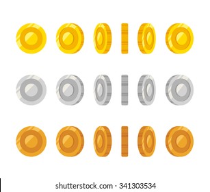 Flat cartoon coins rotation frames for web, game or app interface. Golden, silver and bronze. Modern vector game art illustration.