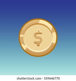 Flat cartoon coinsfor web, game or app interface. Bronze monet with money. Modern color vector game art illustration on blue background.