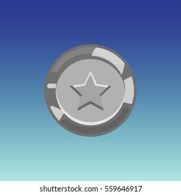 Flat cartoon coinsfor web, game or app interface. Silver monet with star. Modern color vector game art illustration on blue background.