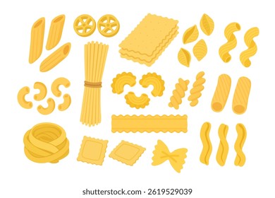 Coleção de desenhos animados planos de diferentes tipos de massas no estilo doodle para cozinhar e cozinha italiana.