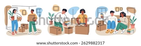 Flat cartoon collection of moving scenes. People pack boxes, carry furniture, unpack in new home, relax after relocation, celebrate housewarming vector illiustration. Man and woman in cozy interior