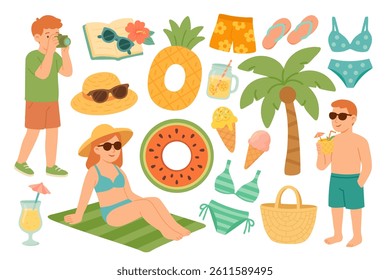 Flat cartoon collection with people, beachwear, fruits, drinks, swimsuits and tropical vacation elements.