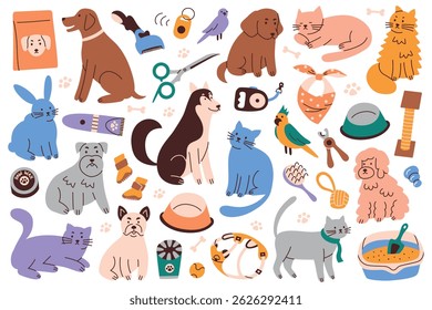 Flat cartoon collection of pets and items for pet home care. Dogs, cats and parrots with grooming tools and supplies. Daily hygiene, feeding, walking and playing accessories vector illustrations set