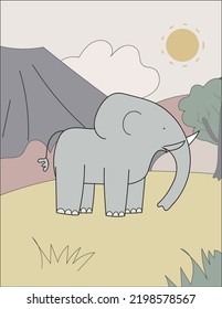 Flat Cartoon Colorful Vector Backdround Illustration Landscape with  Elephant 