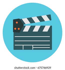 Flat cartoon colorful vector cinema clapper icon. Movie production symbol for design, logotype, banners, prints, surface