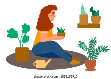 Flat cartoon colorful vector, happy girl taking care of home plants in quarantine