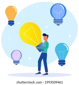 Flat cartoon colorful vector illustration. happy genius young man holding light bulb. The concept of generation of innovative ideas, creative thinking, creativity and imagination.