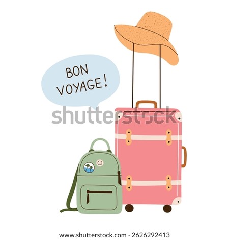 Flat cartoon composition on womens travel with vintage pink suitcase vector illustration, sun hat on handle, tourist backpack and Bon Voyage lettering. Stylish concept for solo trips and vacations