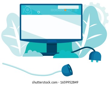 Flat Cartoon Computer Monitor with Empty Desktop. Graphic Interface. Disconnected Power Socket. Smart TV. Wireless Internet. Floral Design with Pants Foliage. Vector Digital Technology Illustration