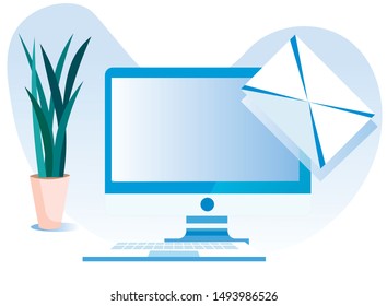 Flat Cartoon Computer on Office Table with Flower Pot. Monitor and Letter Envelop on Screen. Email Digital Marketing, Internet Advertising. Data Analysis, Checking Mail Box. Vector Flat Illustration