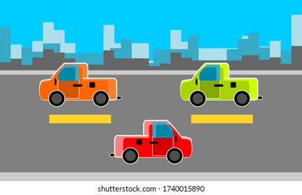 Flat cartoon concept cars reduce driving speed with don't careless and spaced with slow down speed to prevent accidents on city roads vector.
