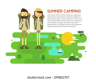 Flat cartoon couple with hiking equipment isolated on white background. Modern minimalistic flat vector style.
