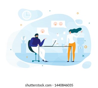 Flat Cartoon Coworkers Characters Having Conversation. Man and Woman Sharing Emotions and Feelings during Working Time. Office Informal Communication. Vector Smiles in Speech Bubbles Illustration