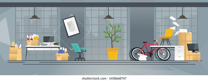 Flat Cartoon Coworking Office with Accessories in Boxes, Paper Documents Pile, Digital Equipment and Furniture. Relocation and Move to New Address, Changing Place Location. Vector Illustration