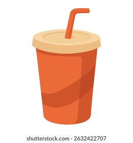 Flat cartoon cup with lid and straw for soda or juice. Simple vector drink illustration.
