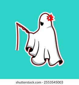 Flat cartoon cute ghost is fishing