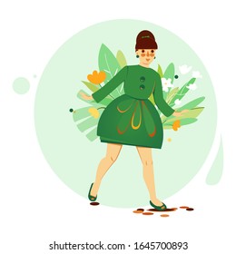 Flat cartoon cute illustration of happy beautiful woman in green dress and plants around. Vector template for card, poster or flyer