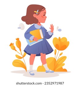 
Flat cartoon cute vector illustration with little girl holding books in her hand. Preschooler, junior high school student going to school. Child in modern fashionable clothes.