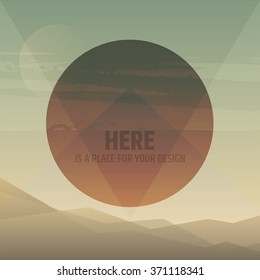 Flat cartoon desert sunrise landscape with circle label in the center. Background vector illustration.