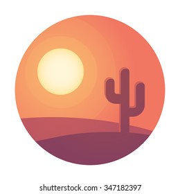 Flat Cartoon Desert Sunset Landscape With Cactus In Circle. Background Vector Illustration.