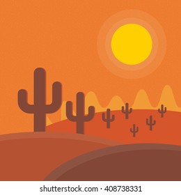 Flat cartoon desert sunset landscape. Background vector illustration. 