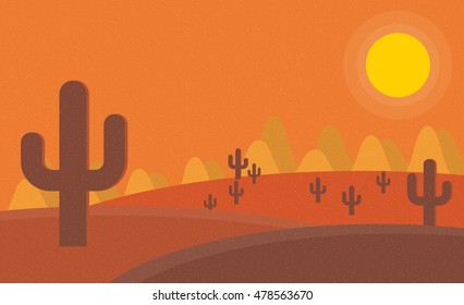 Flat cartoon desert sunset landscape. Background vector illustration.