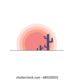 Flat cartoon desert sunset landscape with cactus silhouette. Background vector illustration.