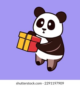 Flat cartoon design in animal style, Cute mascot design for a panda carrying a cute gift box