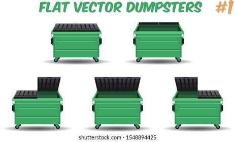 flat cartoon design of green dumpster containers isolated on a transparent background, vector illustration