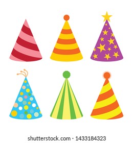  flat cartoon design illustration of colored hat for party celebration birthday set template.
 vector - illustration
