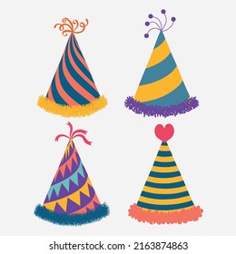 	
ilustración de diseño de dibujos animados planos de sombrero de color para la plantilla de juego de cumpleaños de celebración de fiestas. vector - ilustración