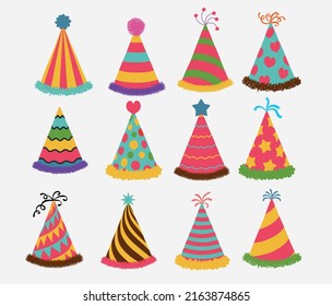 	
flat cartoon design illustration of colored hat for party celebration birthday set template. vector - illustration