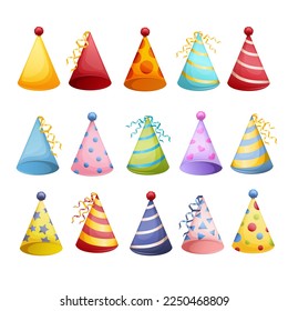 ilustración de diseño de dibujos animados planos de sombrero de color para la fiesta de cumpleaños. vector - ilustración.Conjunto de sombreros de cumpleaños con diferente patrón de textura y color aislados en fondo blanco. Conos vectores