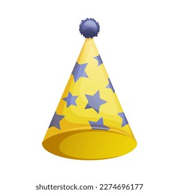 flat cartoon design illustration of colored hat for birthday party. vector - illustration. yellow  with blue stars birthday hats isolated on white background. Vector cones