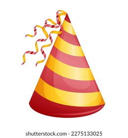flat cartoon design illustration of colored hat for birthday party. vector - illustration. red and yellow birthday hat with shiny ribbons isolated on white background. Vector cones