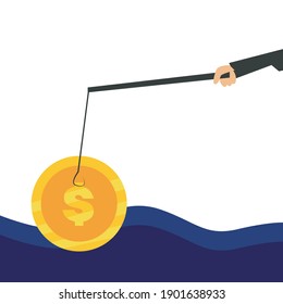 flat cartoon design of man fishing coins in waters