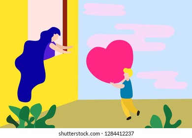 flat cartoon design of man give red heart to girlfriend who in the side of window. concept for landing page of web ux and ui design for valentine's day or love theme  in vector illustration