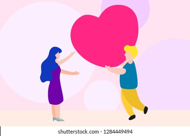 flat cartoon design of man give big red heart to girlfriend. concept for landing page of web ux and ui design or banner for valentine's day or love theme  in vector illustration