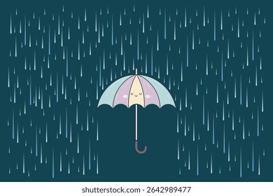 Flat cartoon design of umbrella in rainy weather, pastel vector style for nursery wall prints, children’s books, baby products, and seamless background patterns

