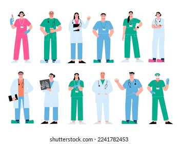 Dibujo plano de diferentes personajes médicos, terapeutas, cirujanos y enfermeras. Equipo de operación hospitalaria, cirujano y primeros auxilios. Caracteres vectoriales de clínica rápida