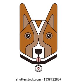 Flat cartoon dog head with collar. Cute and simple style illustration. Pretty happy pet symbol. Smiling doggy