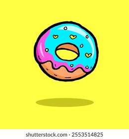 Flat cartoon donut with blue and pink topping