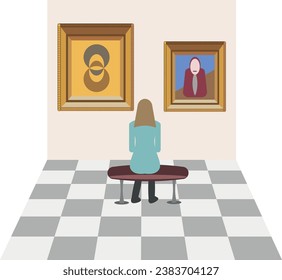 Flat cartoon drawing of a woman sitting on bench looking at pictorial artwork in museum exhibition. Vector of visitors to an art gallery or museum.