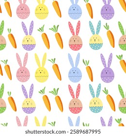Flat cartoon for Easter with bunnies and carrots on a light background