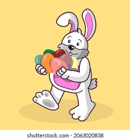 Flacher Cartoon Osterhase. Bunny mit Ostereiern.	