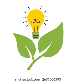 Flat cartoon eco design featuring a bright light bulb emerging from fresh green leaves, symbolizing sustainable ideas, environmental protection, renewable energy, and ecological awareness.