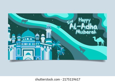 Flat Cartoon Eid al-Adha Mubarak banner template. Vector illustration